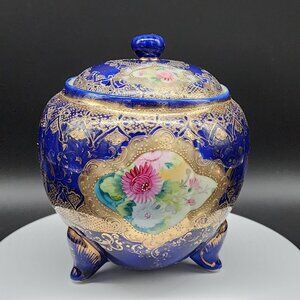 Antique Porcelain Biscuit Jar Hand-Painted Cobalt Blue & Gold Porcelain Lidded